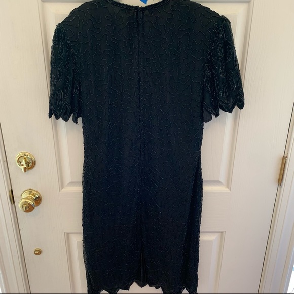 Vintage 80s Lawrence Kazar Sequin Abstract Bead Silk Scallop Flapper Min… - Picture 9 of 16